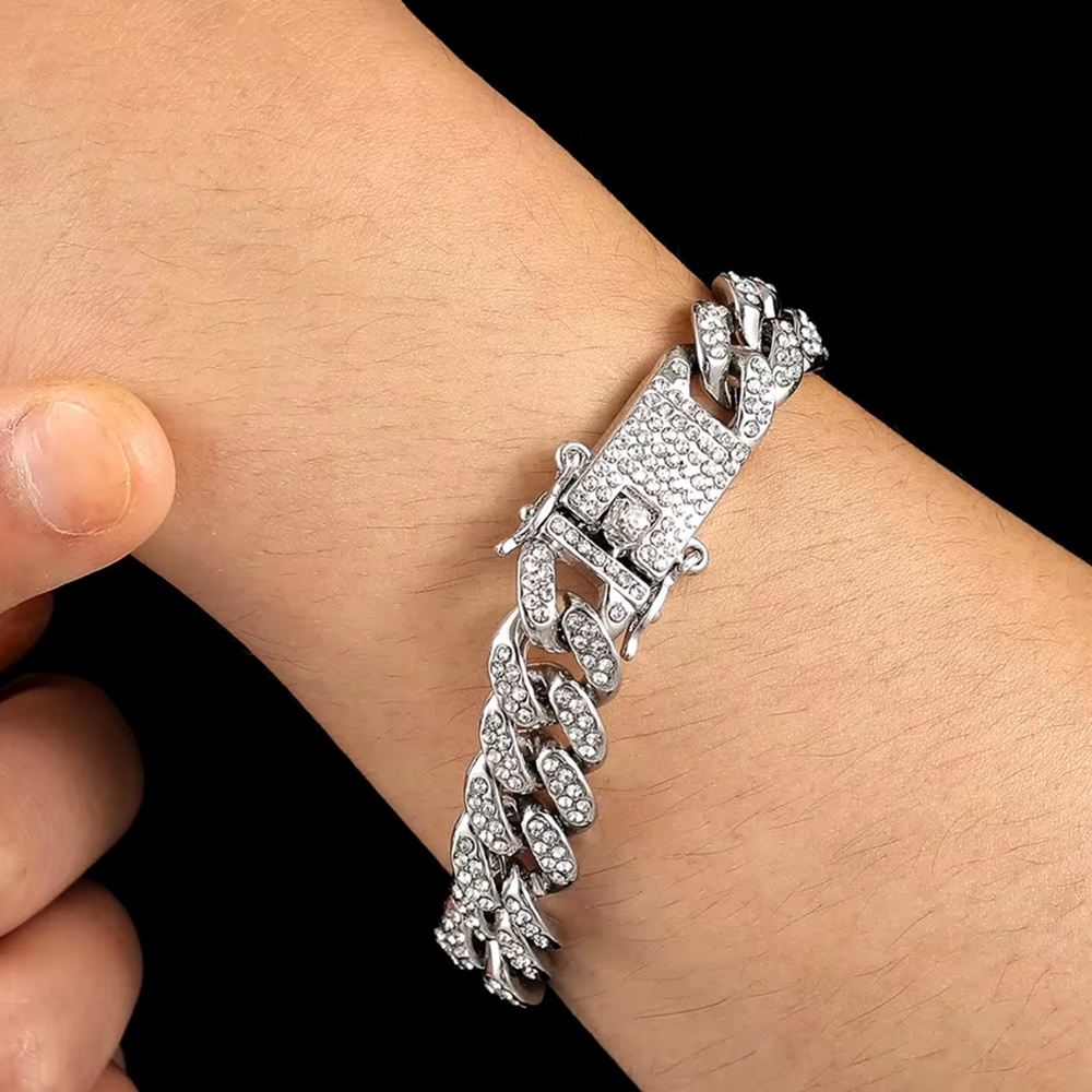 New! Mens Iced Out  Cuban Link Bracelet Stainless Steel Simulated Diamond